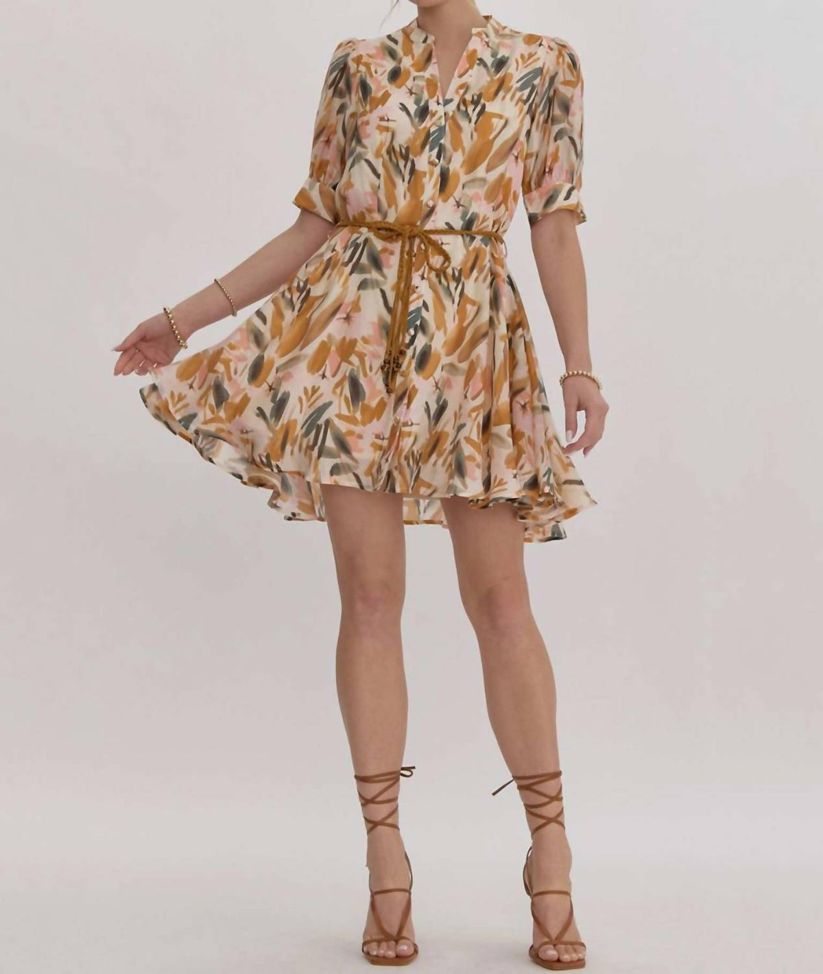 Entro - Women's Leaf Print Braided Belt Shirt Dress