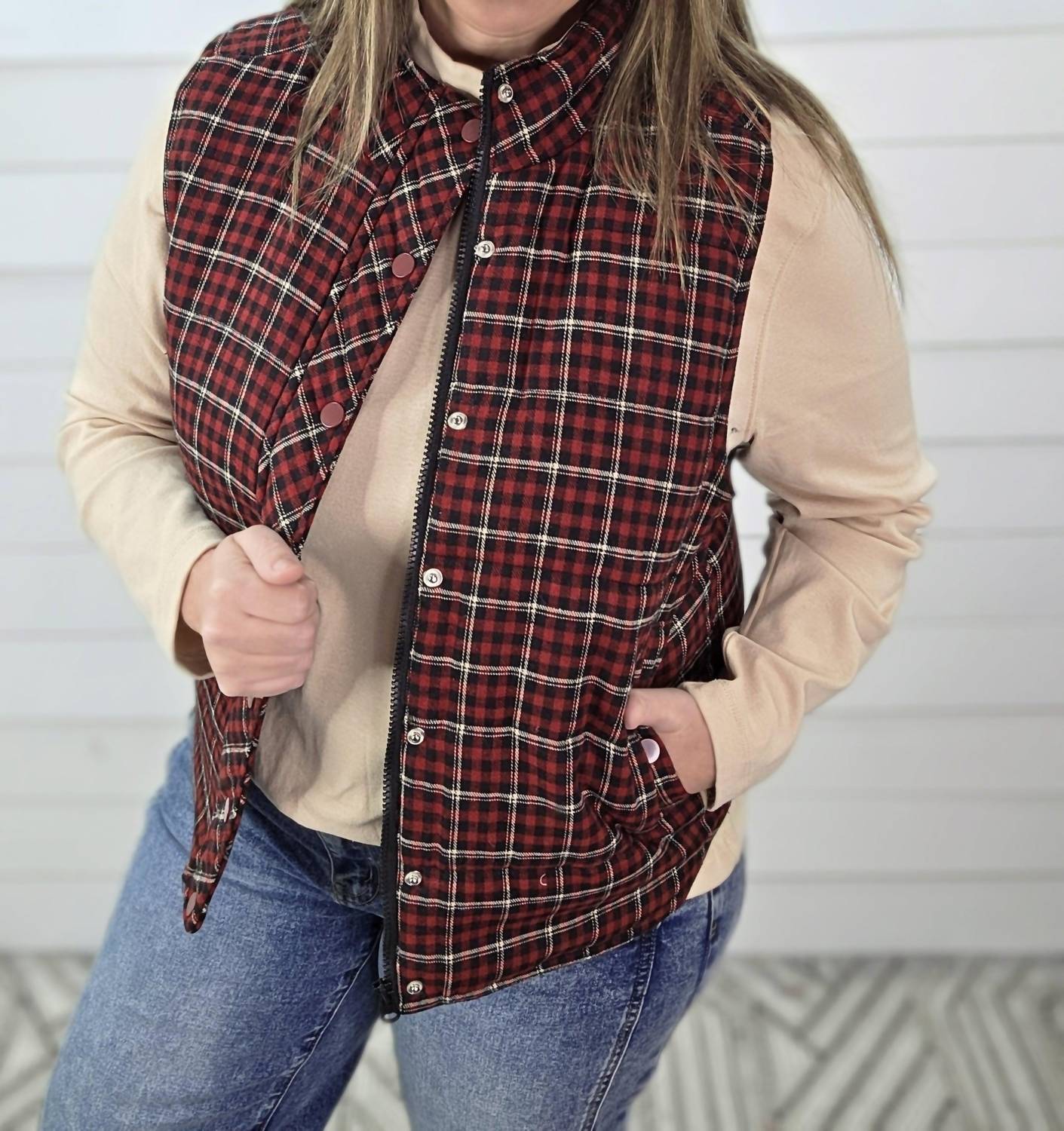 Staccato - Check Plaid Zip Up Snap Puff Vest