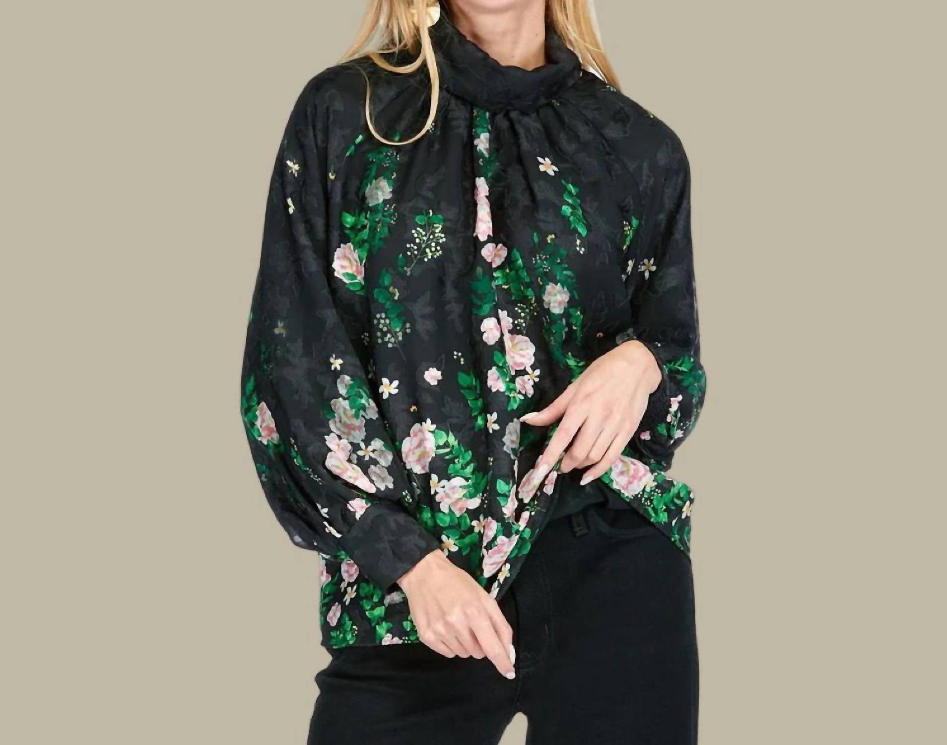 Jade Long Sleeve Floral Blouse in black - women's blouse