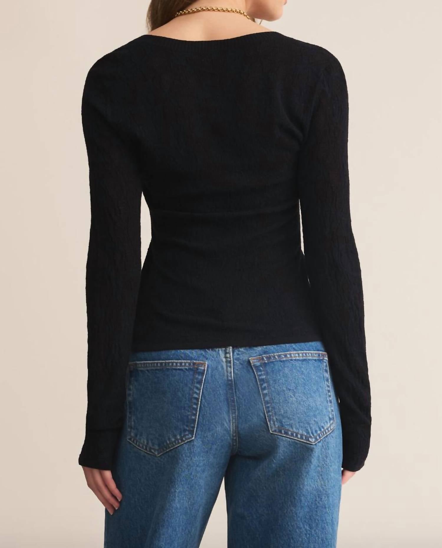 Z Supply Tibi Lace Mesh Sweater in black - women's sweater - detail view