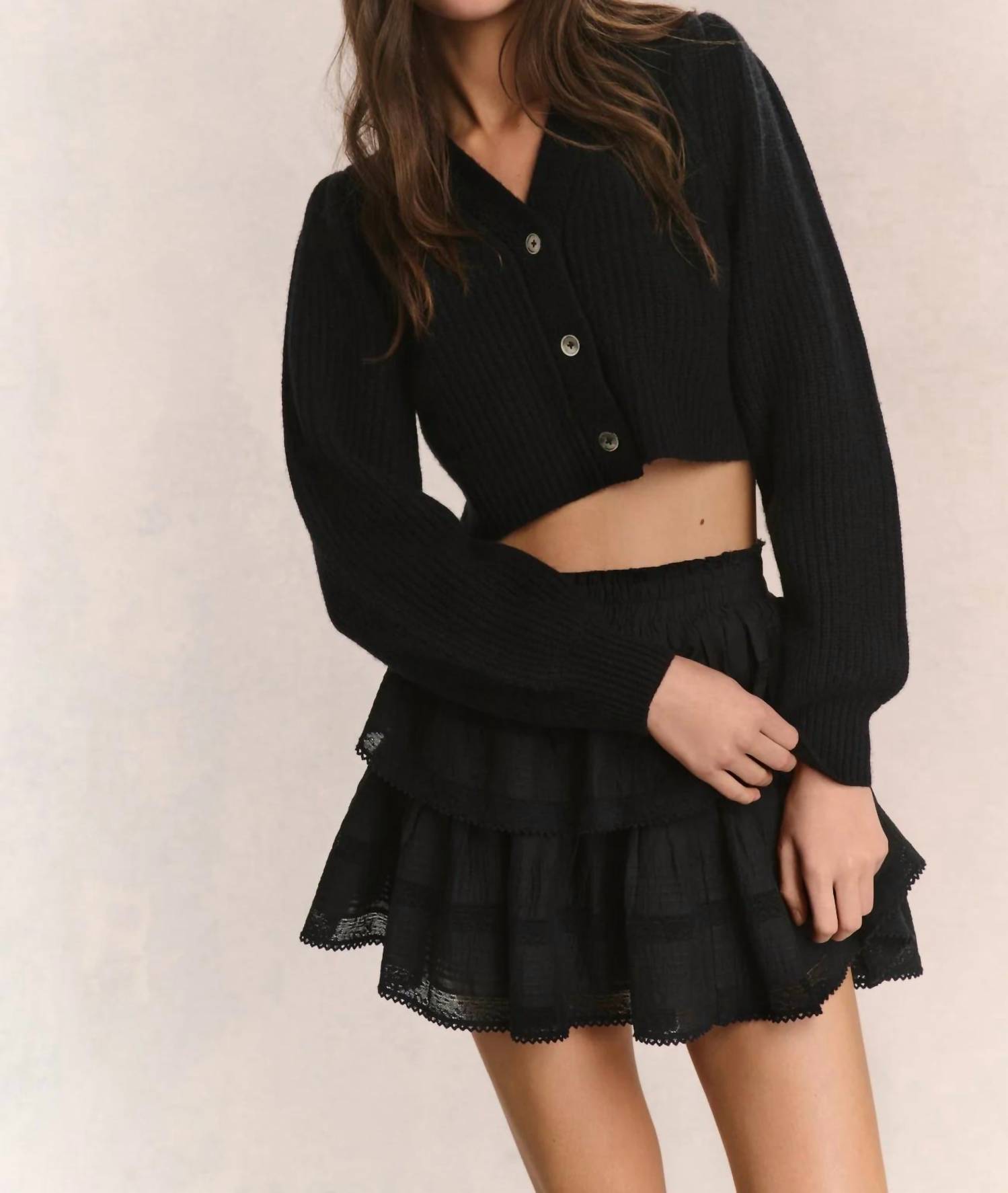 LoveShackFancy Avignon Crop Cardigan in black - women's cardigan - alternate view