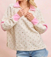Bibi - Floral Print French Terry V Neck Collared Top