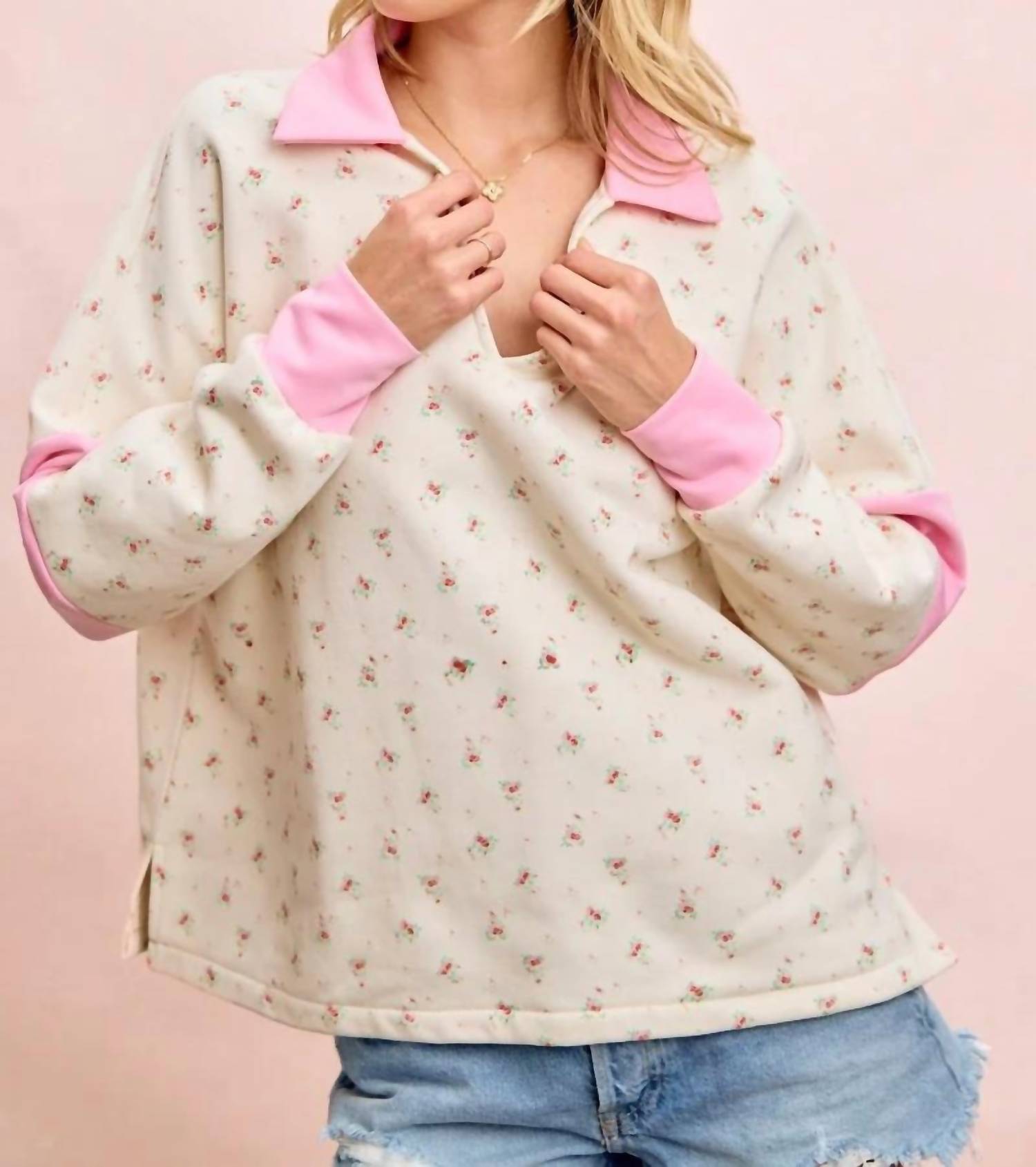 Bibi - Floral Print French Terry V Neck Collared Top