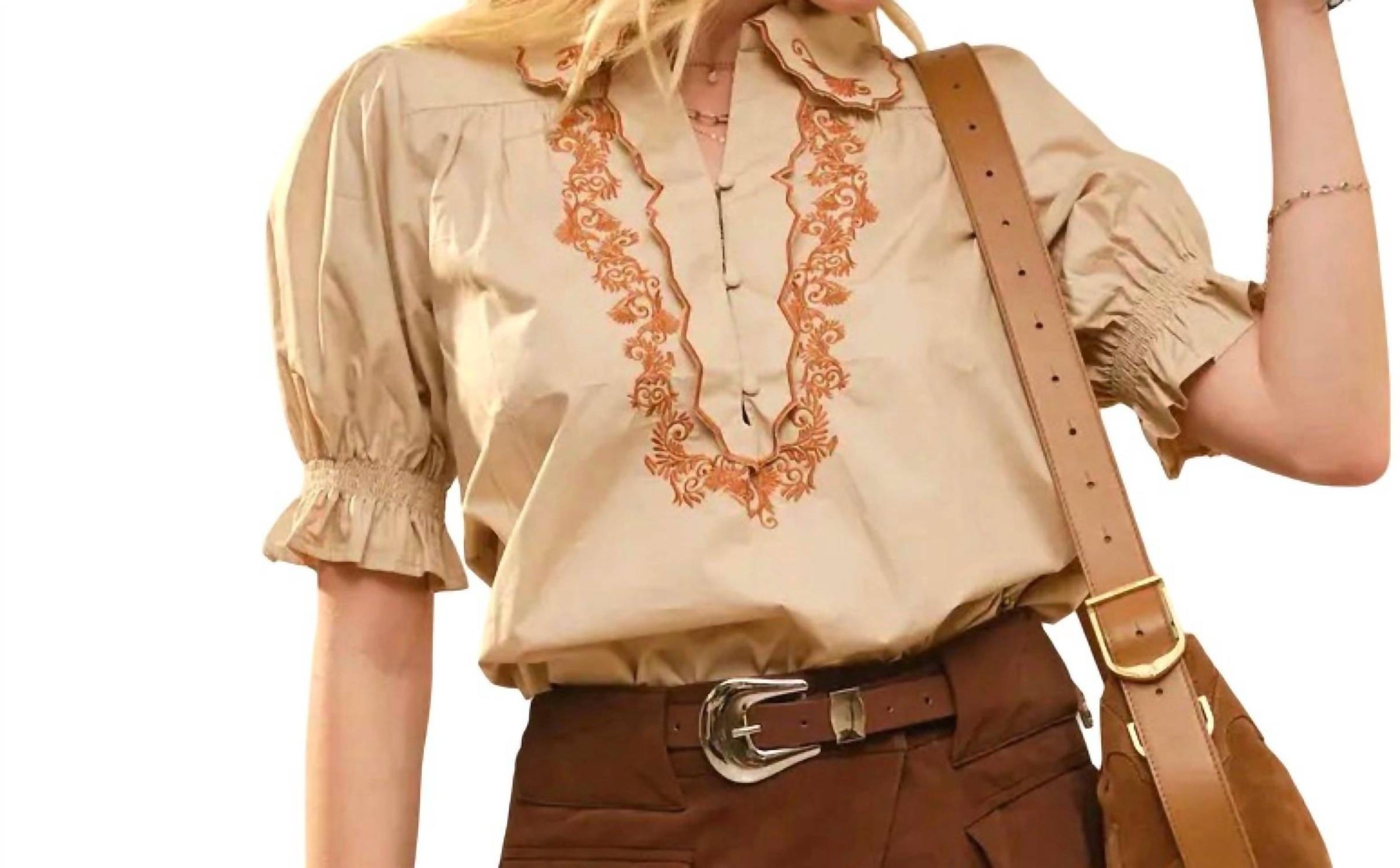 Blue B - Embroidered Scallop Collar Puff Sleeve Shirt