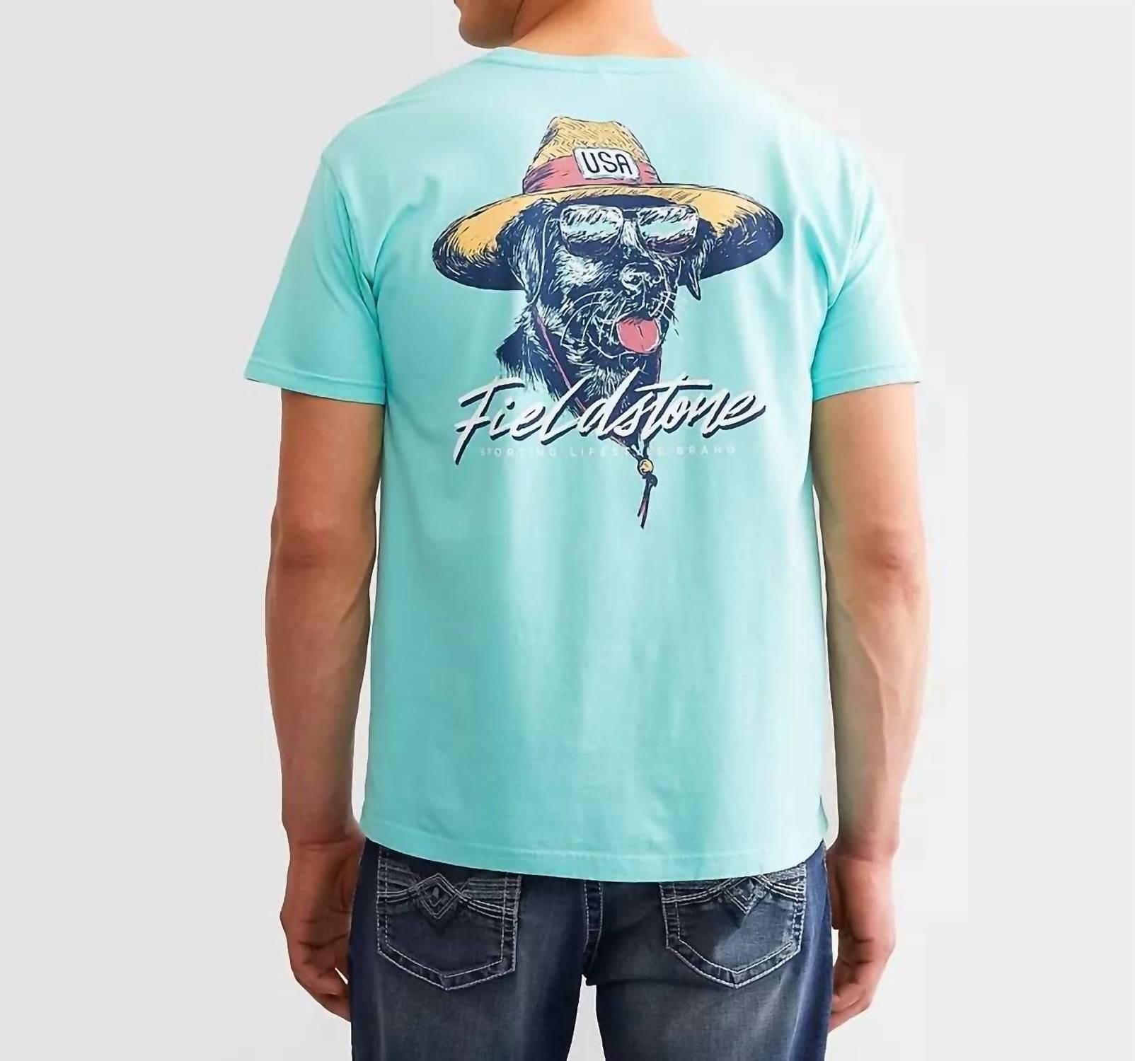 Fieldstone Beach Bum Tee in turquoise - men's long sleeve top - detail view