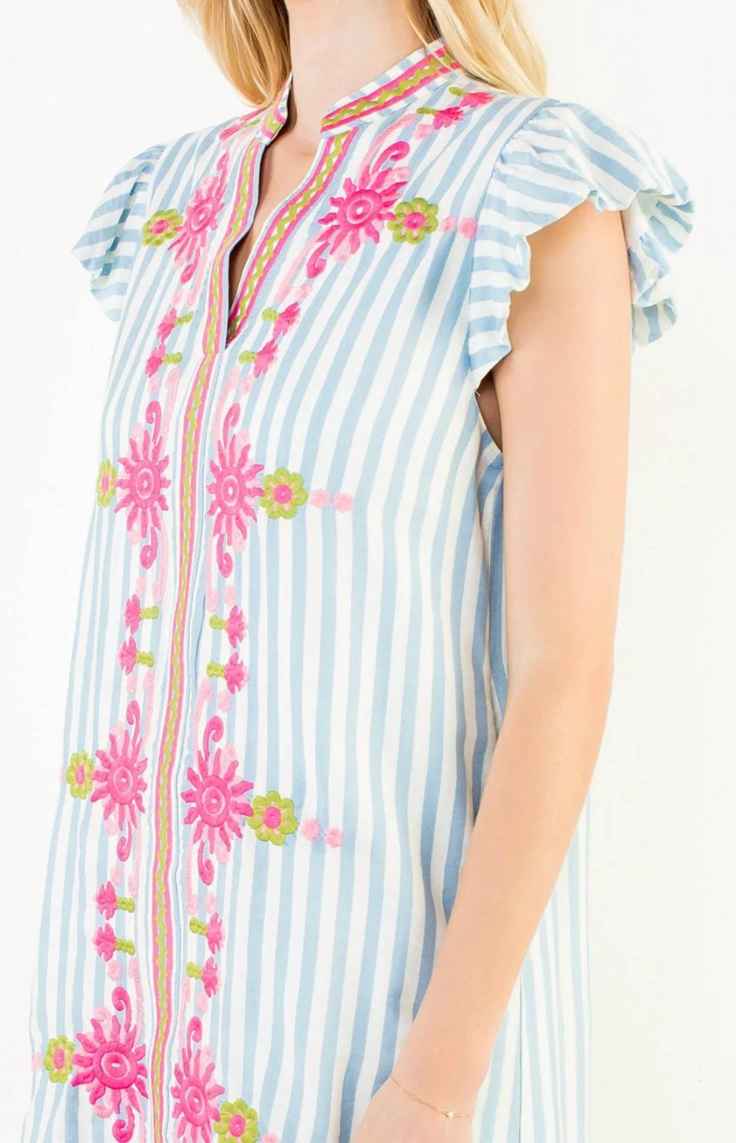 Thml - Flutter Sleeve Striped Embroidery Detail Dress