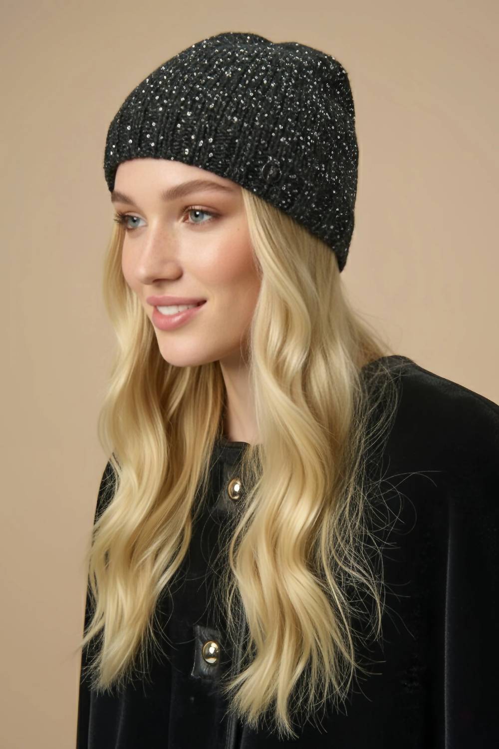 Joseph Ribkoff Sequined Knit Beanie in black silver 1 - women's hat - alternate view