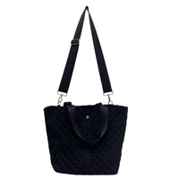 lemonbella Women's Quilted Diamond Tote Bag in black velvet - women's bag - detail view