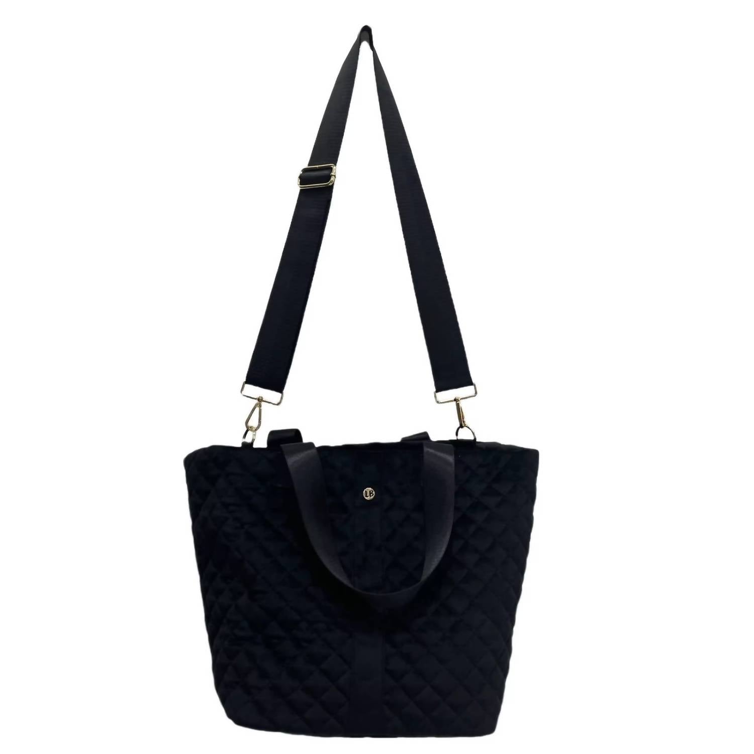 lemonbella Women's Quilted Diamond Tote Bag in black velvet - women's bag - detail view