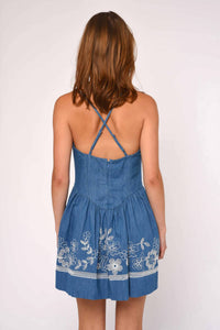 LOVE THE LABEL Nicks Mini Dress in wythe embroidered denim - women's dress - detail view