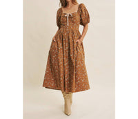 In February - Golden Hour Floral Puff Sleeve Midi Dress With Pockets