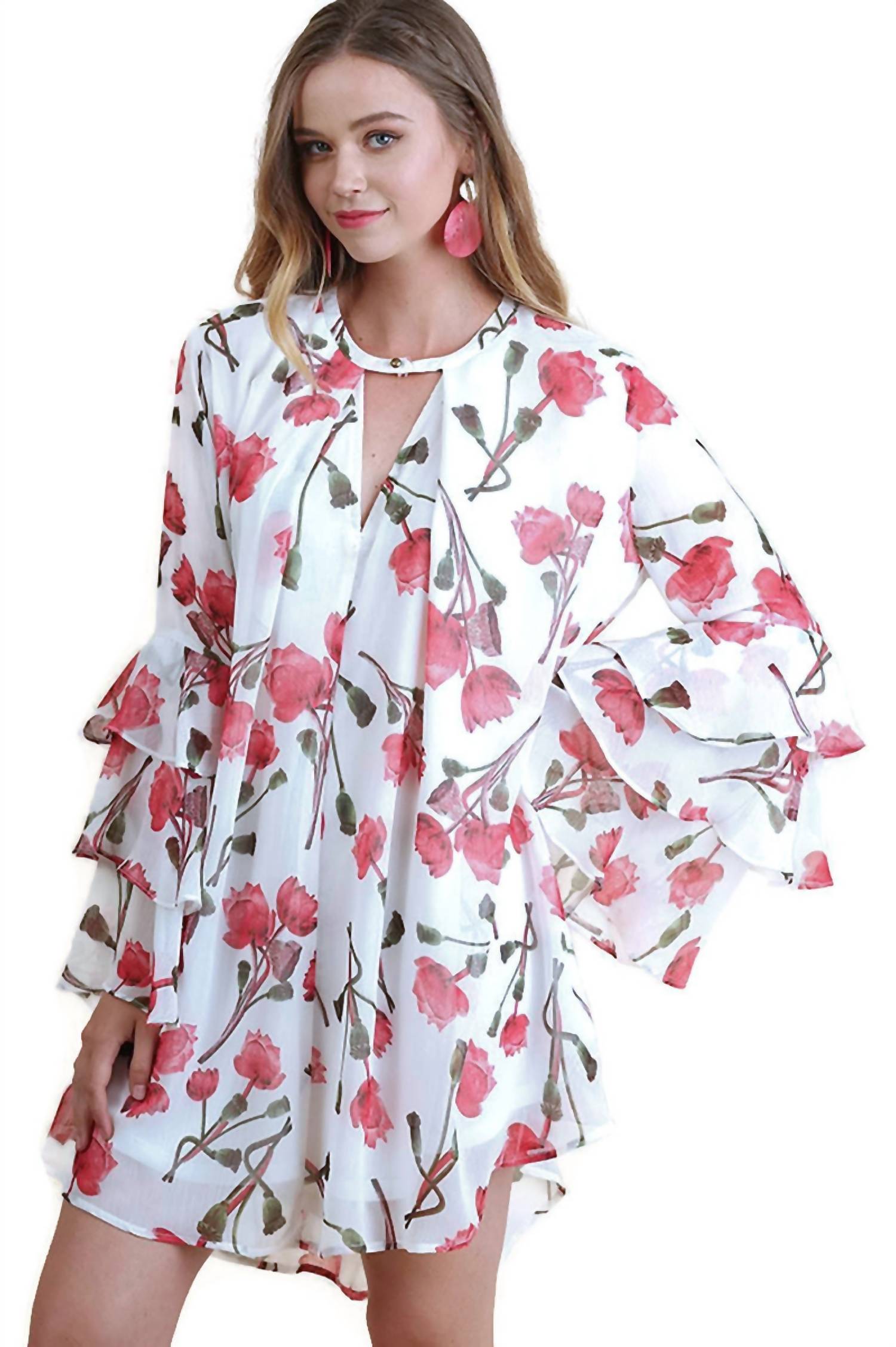 Umgee - Ruffle Sleeve Floral Keyhole Dress