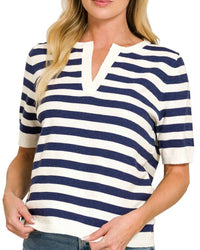 Zenana - Split Neck Stripe Short Sleeve Sweater