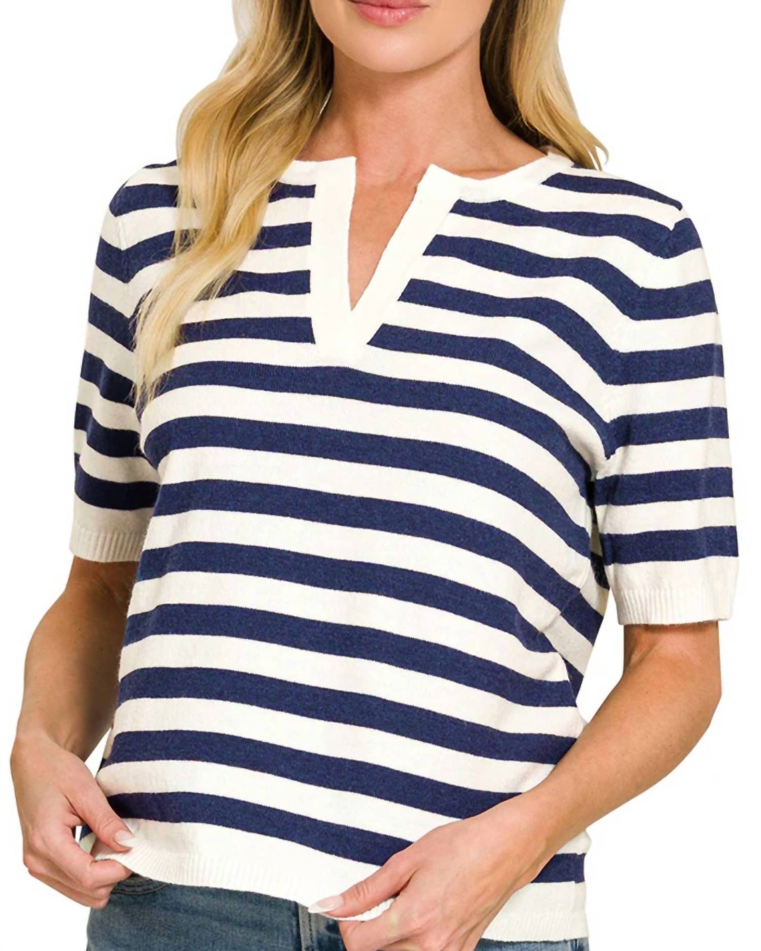 Zenana - Split Neck Stripe Short Sleeve Sweater