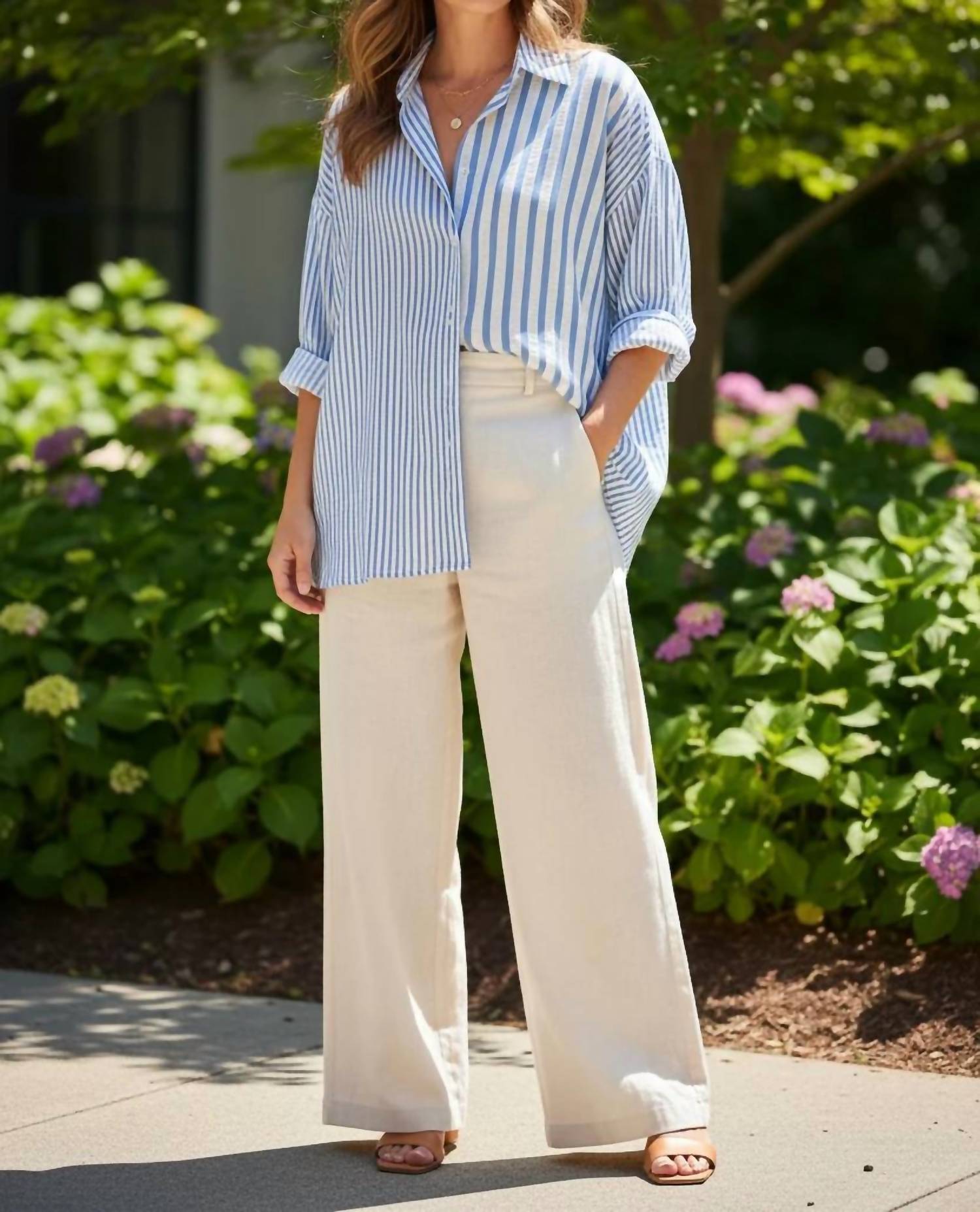Umgee - Women's Scalloped Button Down Mixed Media Stripe Shirt