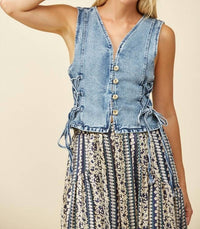 Wisteria Lane - Denim Vest Top With Lace Up Detail