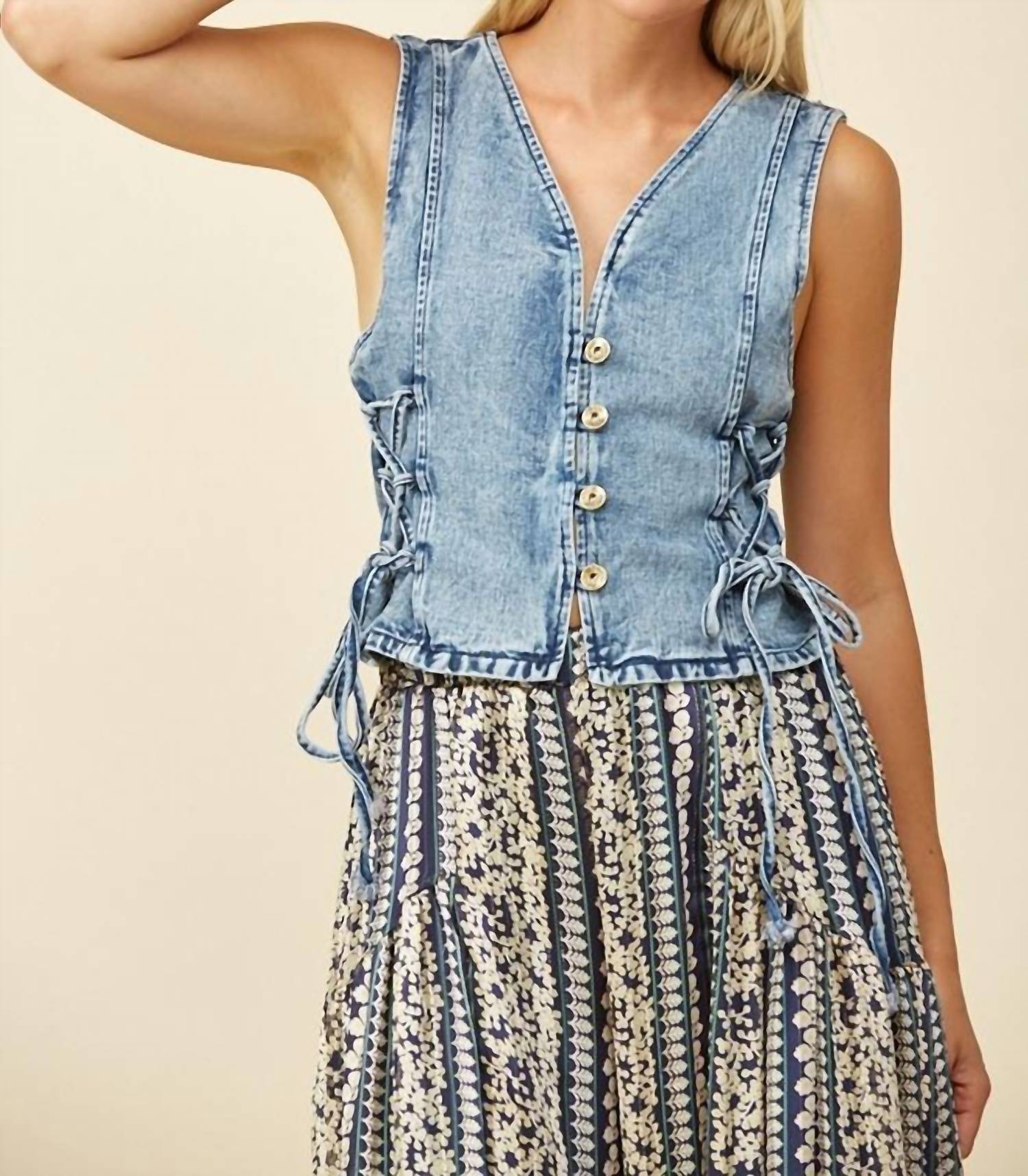 Wisteria Lane - Denim Vest Top With Lace Up Detail