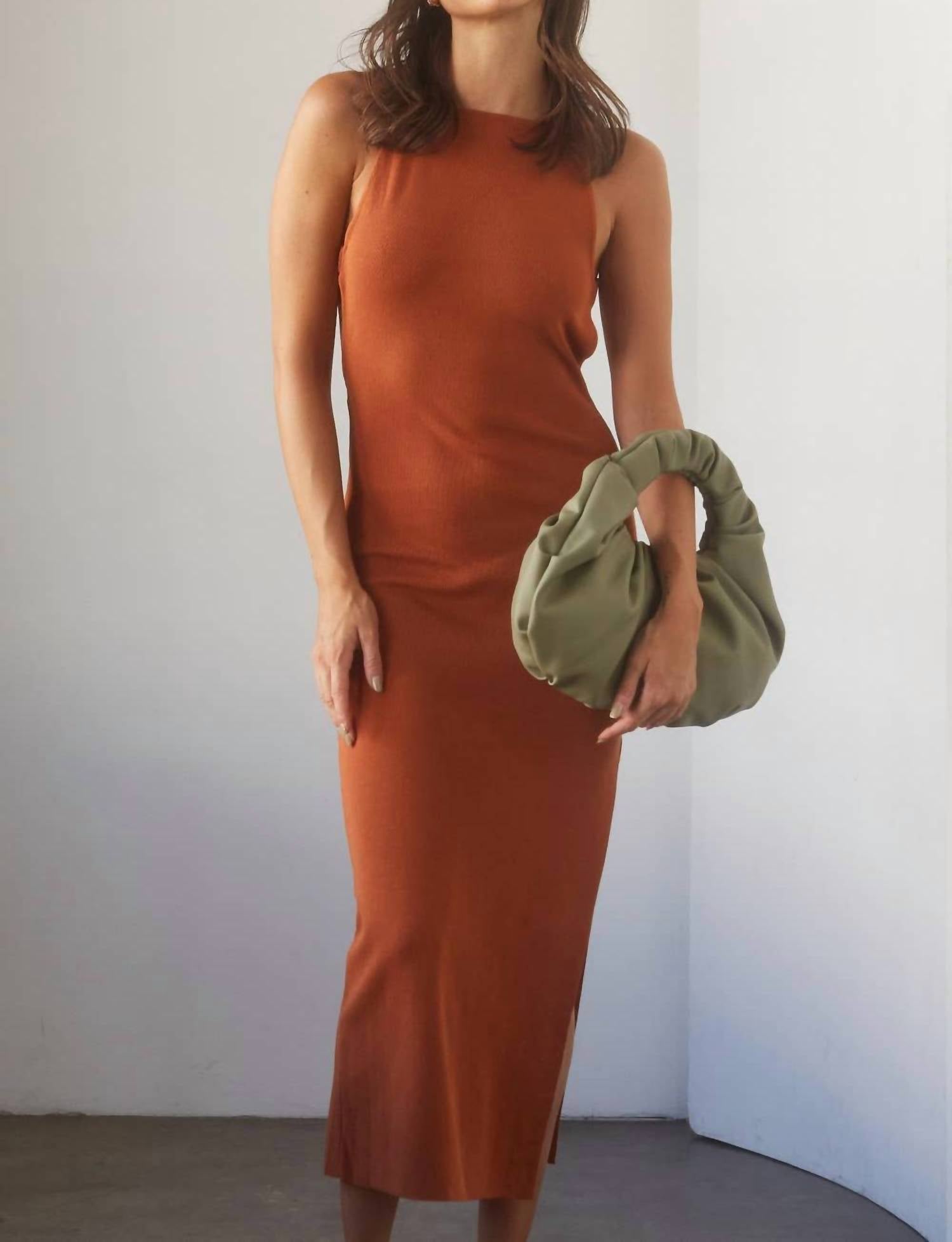 CRESCENT Irina Halterneck Criss-cross Back Midi Knit Dress in rust - women's dress