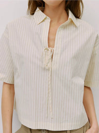 Mod Ref - Pinstripe Oversized Tie Front Collared Shirt