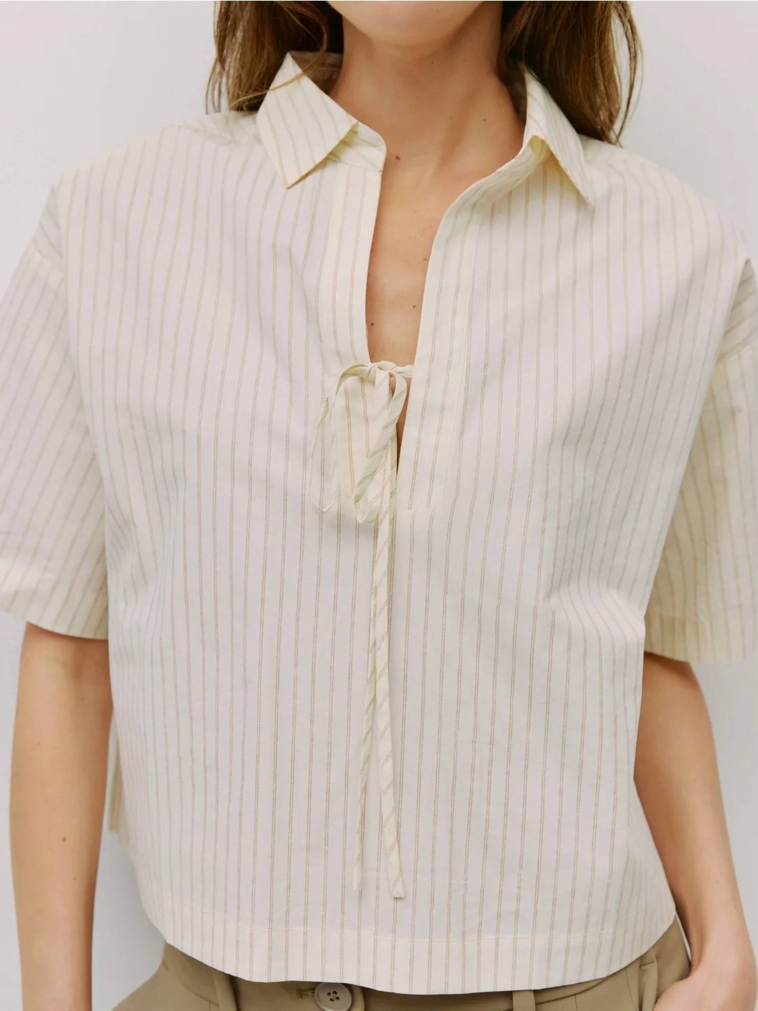 Mod Ref - Pinstripe Oversized Tie Front Collared Shirt