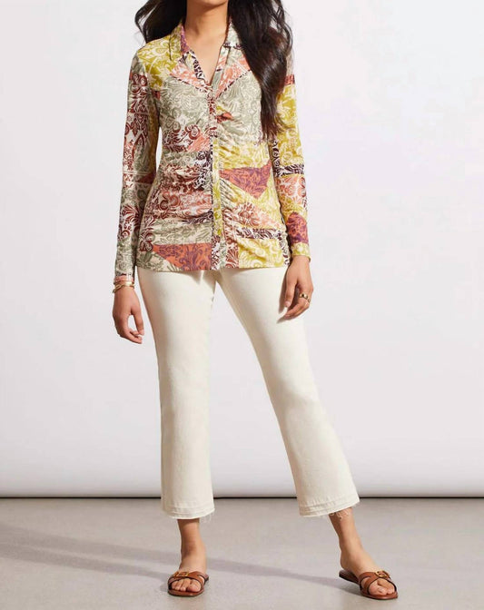 Tribal - V-neck Collared Long Sleeve Top With Shirring