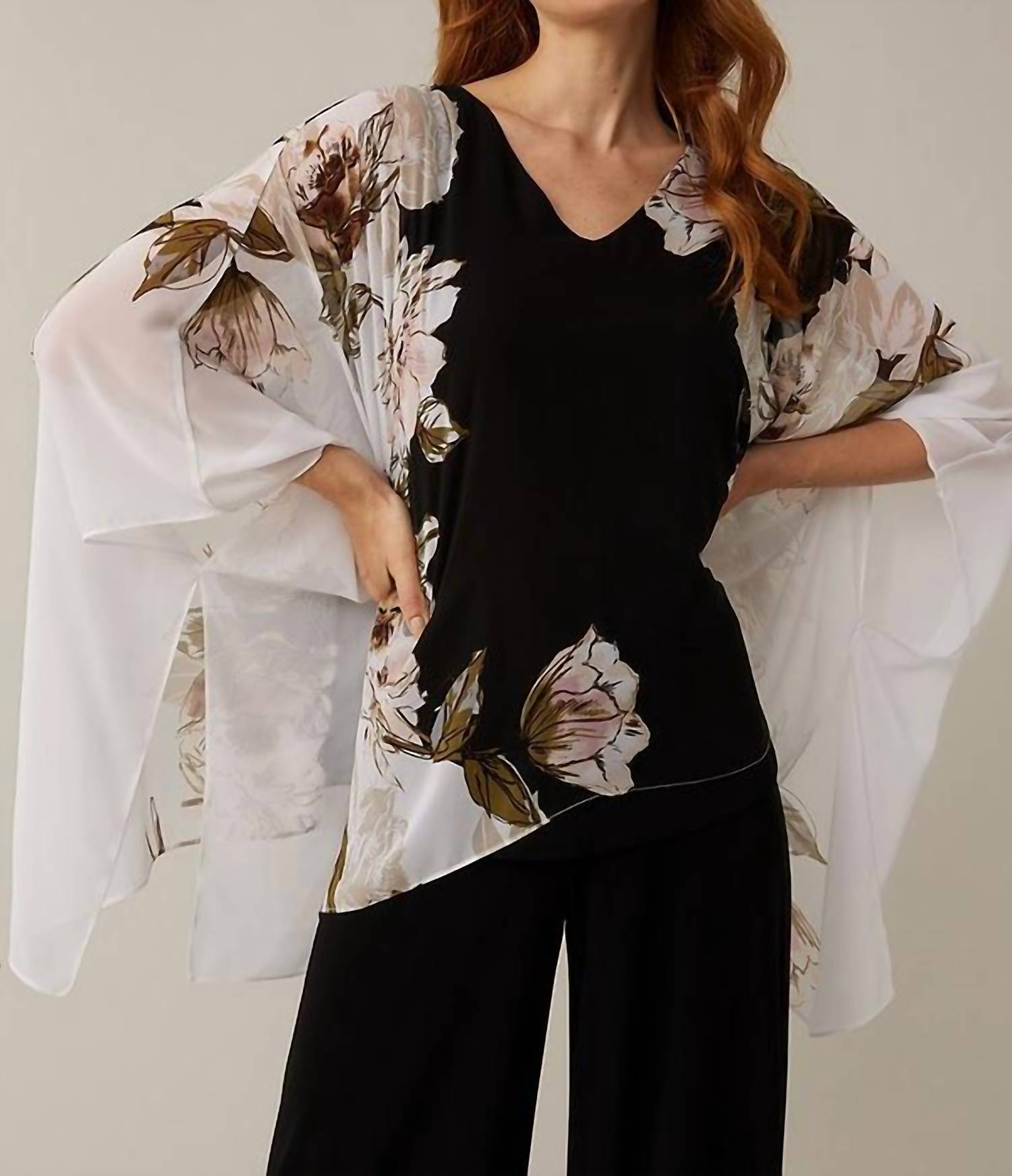 Joseph Ribkoff Cape Sleeve Top in black white and floral - women's blouse