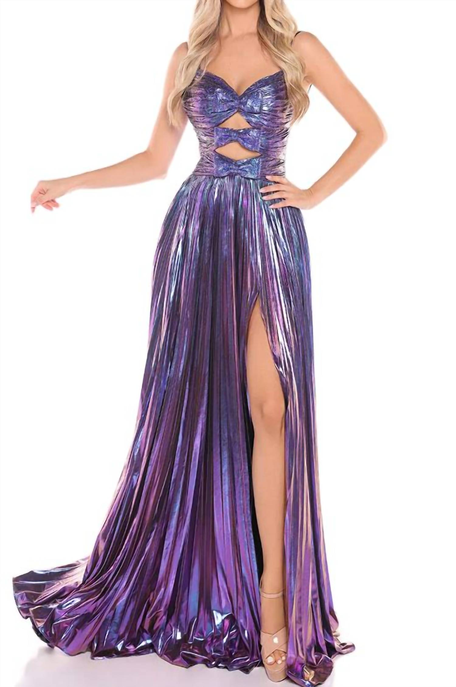 AMARRA Metallic Cutout A-line Slit Gown in bright purple - women's dress