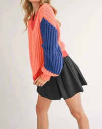 Klesis - Relaxed Fit V-neck Color Block Knit Sweater Top