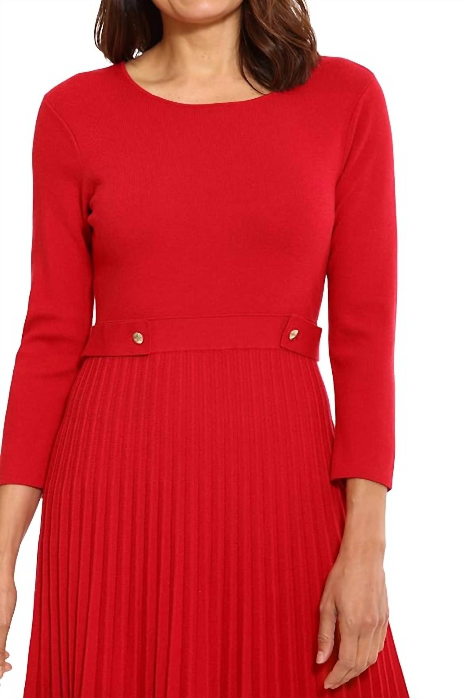 LONDON TIMES Knit Pleated Midi Dress in red - women's dress - view 4