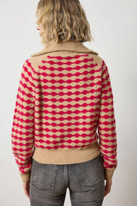 Lilla P Mixed Stitch Half Zip Sweater in birch fuchsia stripe - women's sweater - detail view
