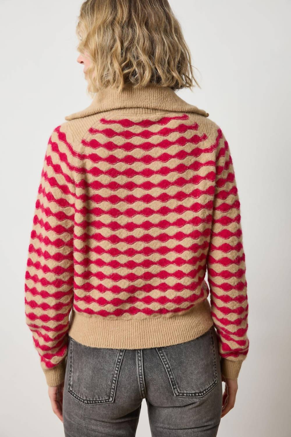 Lilla P Mixed Stitch Half Zip Sweater in birch fuchsia stripe - women's sweater - detail view