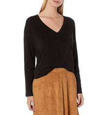 MONROW Supersoft V Neck Sweatshirt With Metallic Stitching in black - women's top