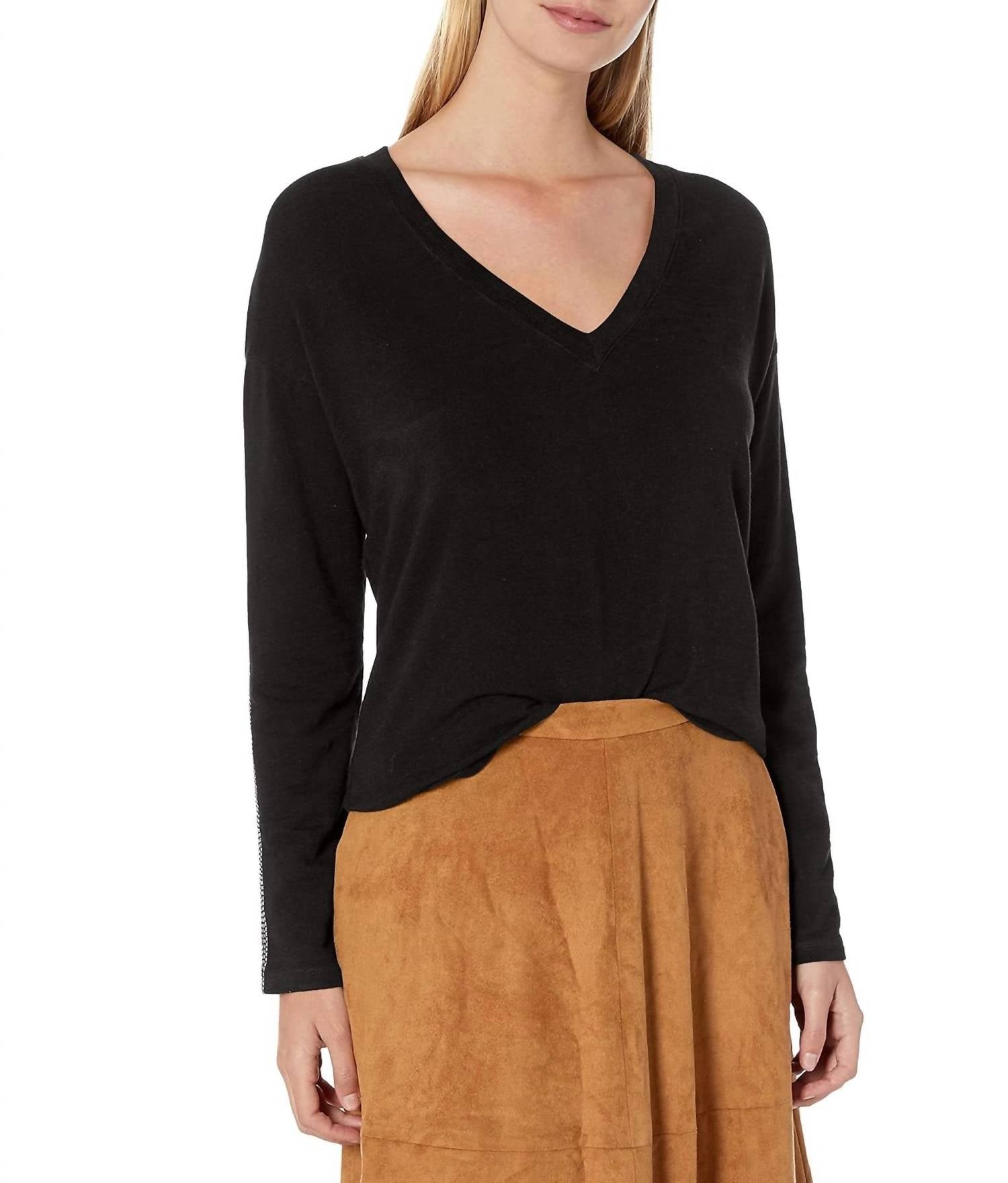 MONROW Supersoft V Neck Sweatshirt With Metallic Stitching in black - women's top