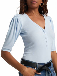 FRAME Rib Ruched Short Sleeve Henley Top in light chambray - women's blouse - view 4