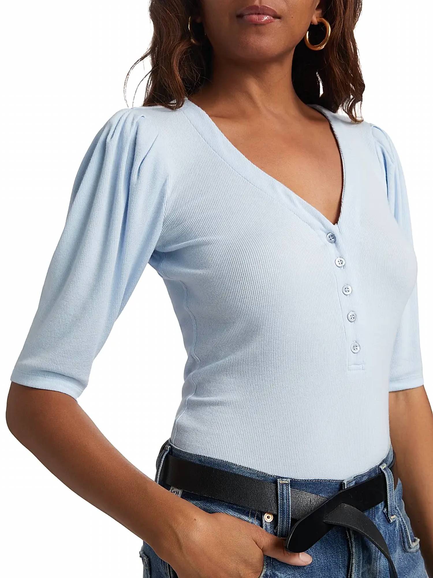 FRAME Rib Ruched Short Sleeve Henley Top in light chambray - women's blouse - view 4