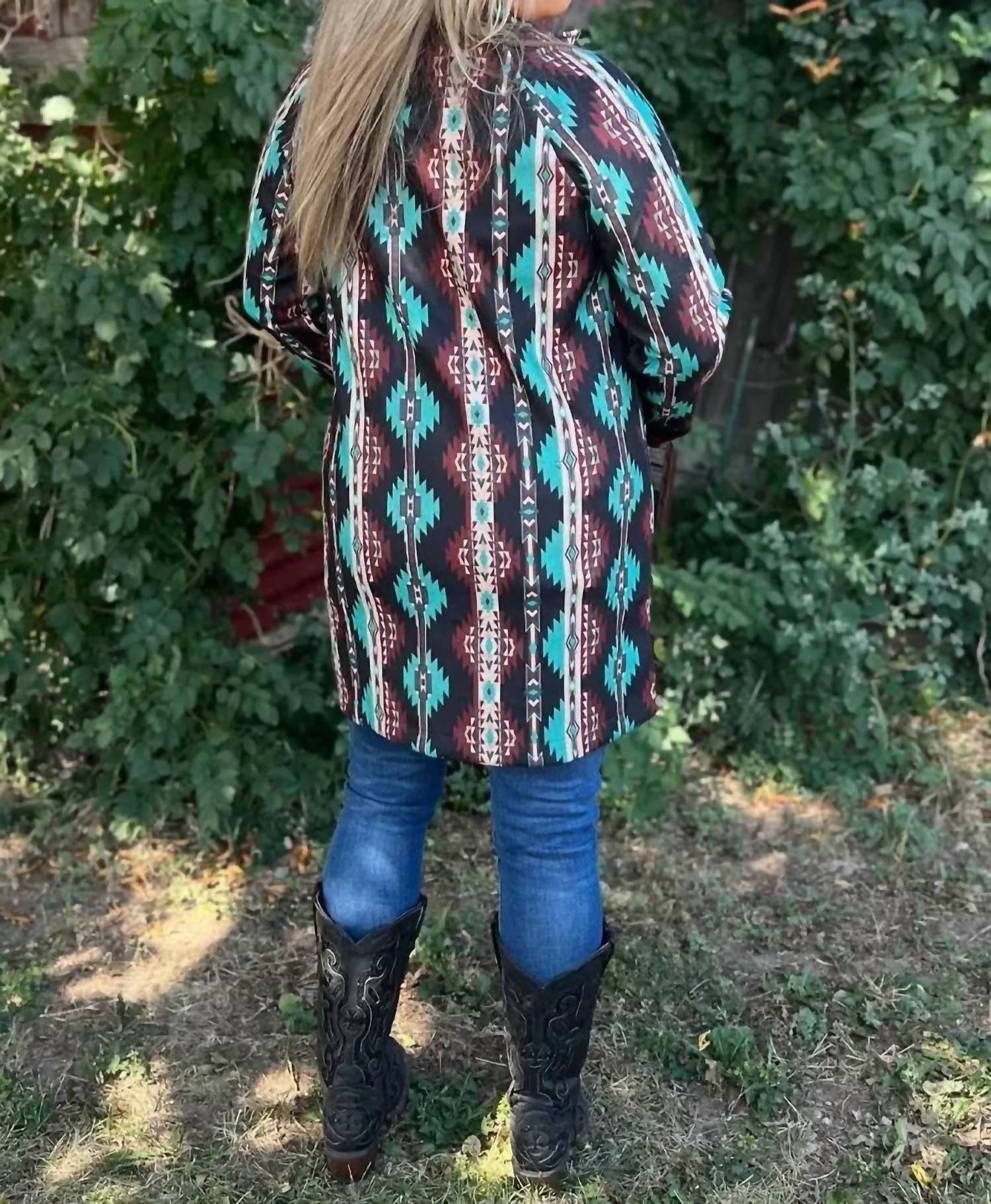 Sterling Kreek Durango Aztec Jacket in turquoise maroon cream - women's jacket - detail view