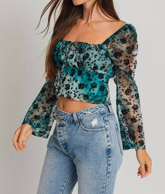Le Lis - Long Sleeve Square Neck Floral Flocking Top