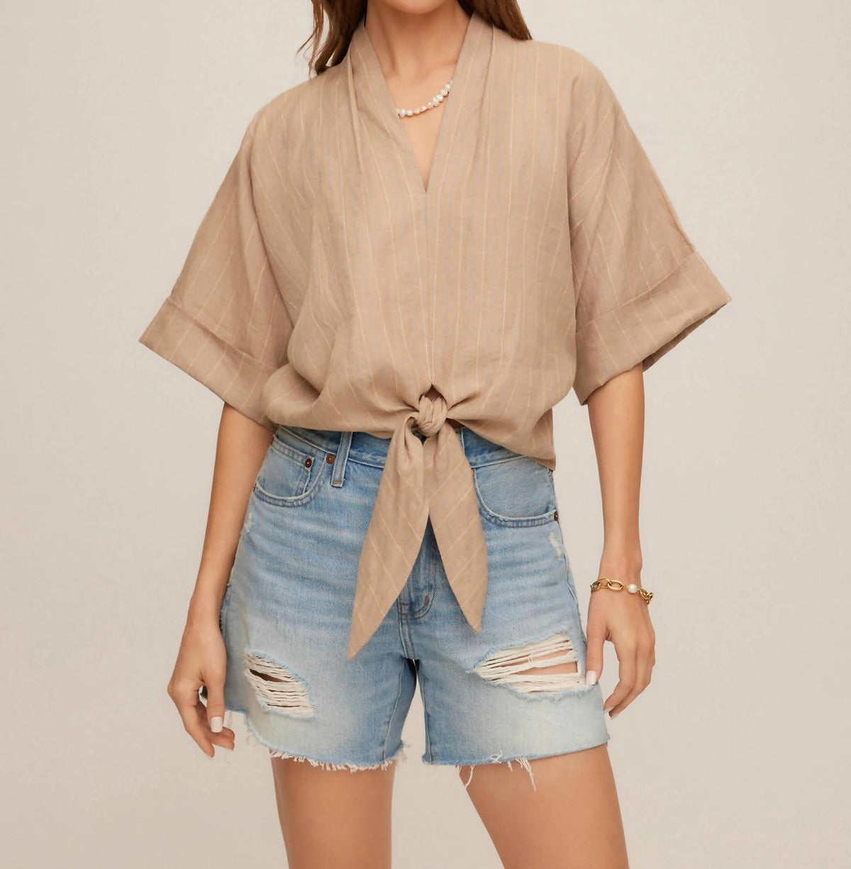 Fifteen Twenty - Women's Janice Cuffed Sleeve Tie Front Top