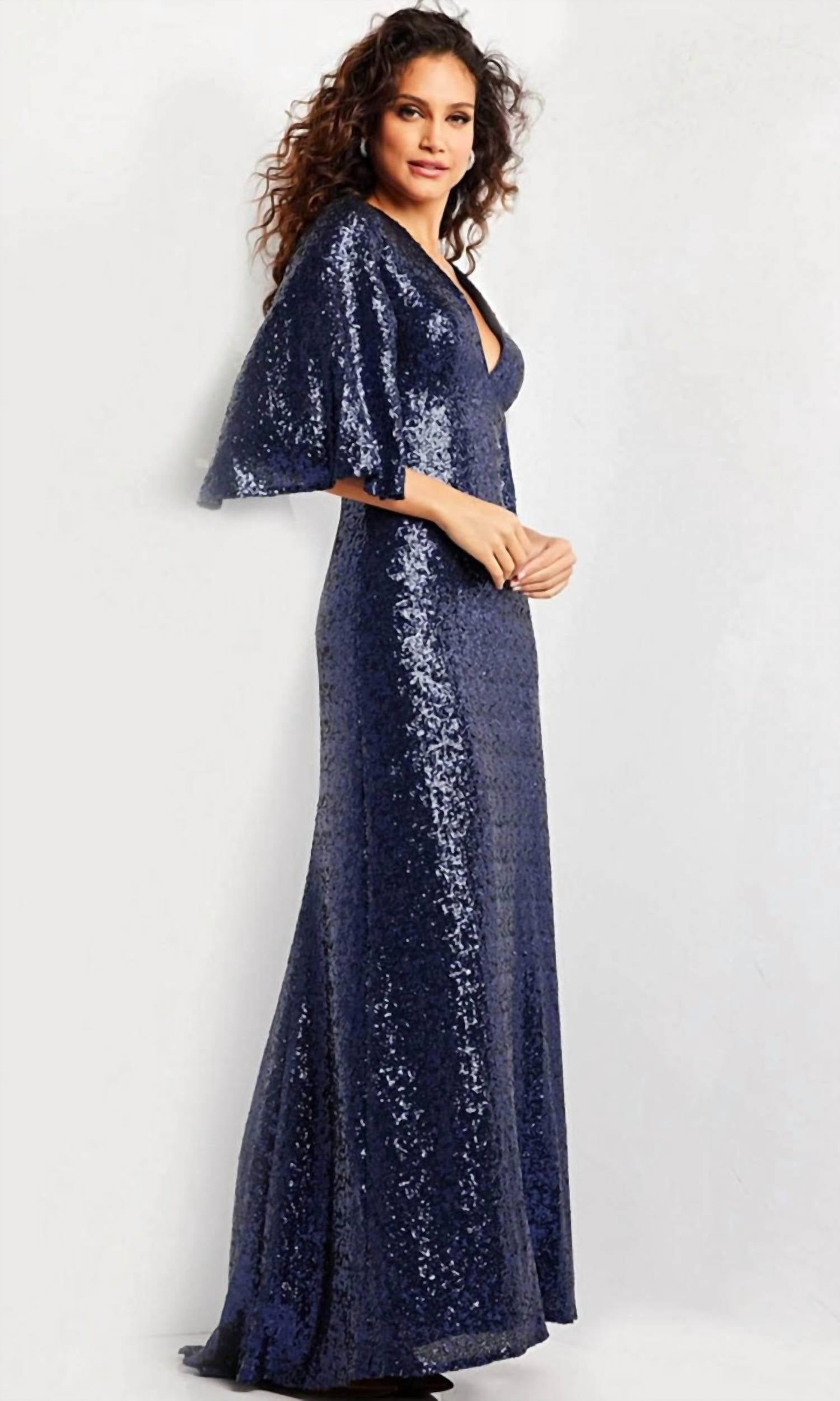 Jovani - Hanging Sleeves Sequin Dress