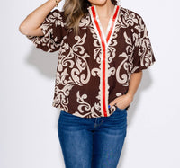 THML Abstract Print Puff Sleeve Top in brown - women's blouse