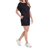 Multiples - Rolled Cuff Short Sleeve Dolman Wide Neck Top