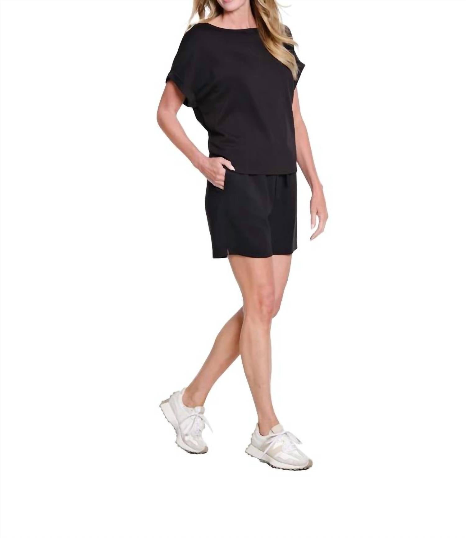 Multiples - Rolled Cuff Short Sleeve Dolman Wide Neck Top