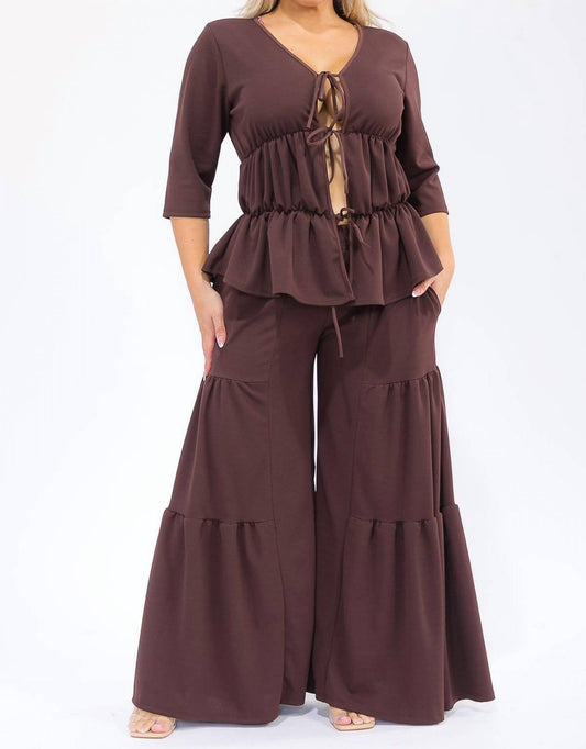 Karen T Design - Hollow Lace Up Top And Spliced Wide Leg Pants