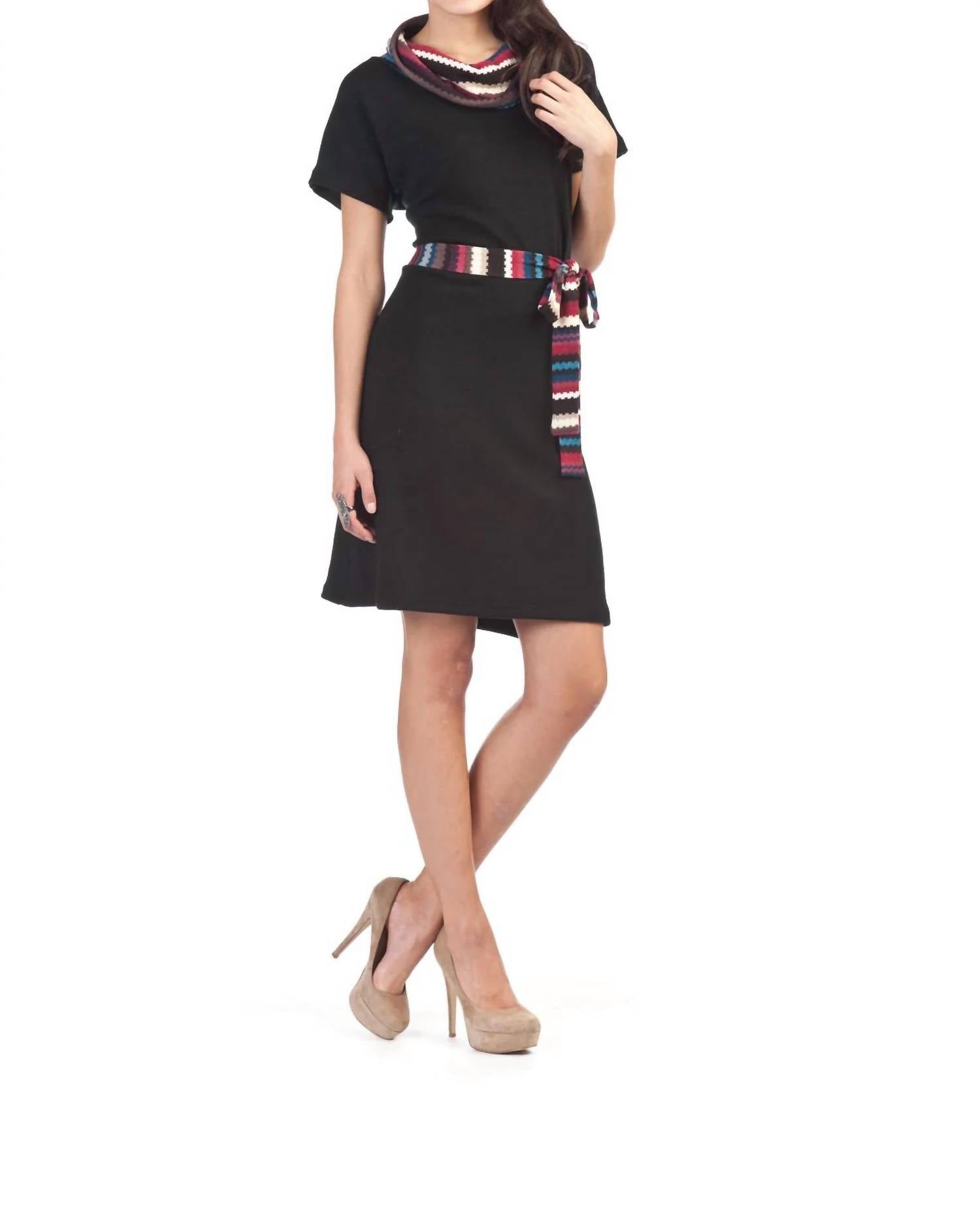 Papillon - Solid Dress With Stripe Cowl Neck & Belt