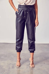 Dobe - Smocked Waist Pu Pants