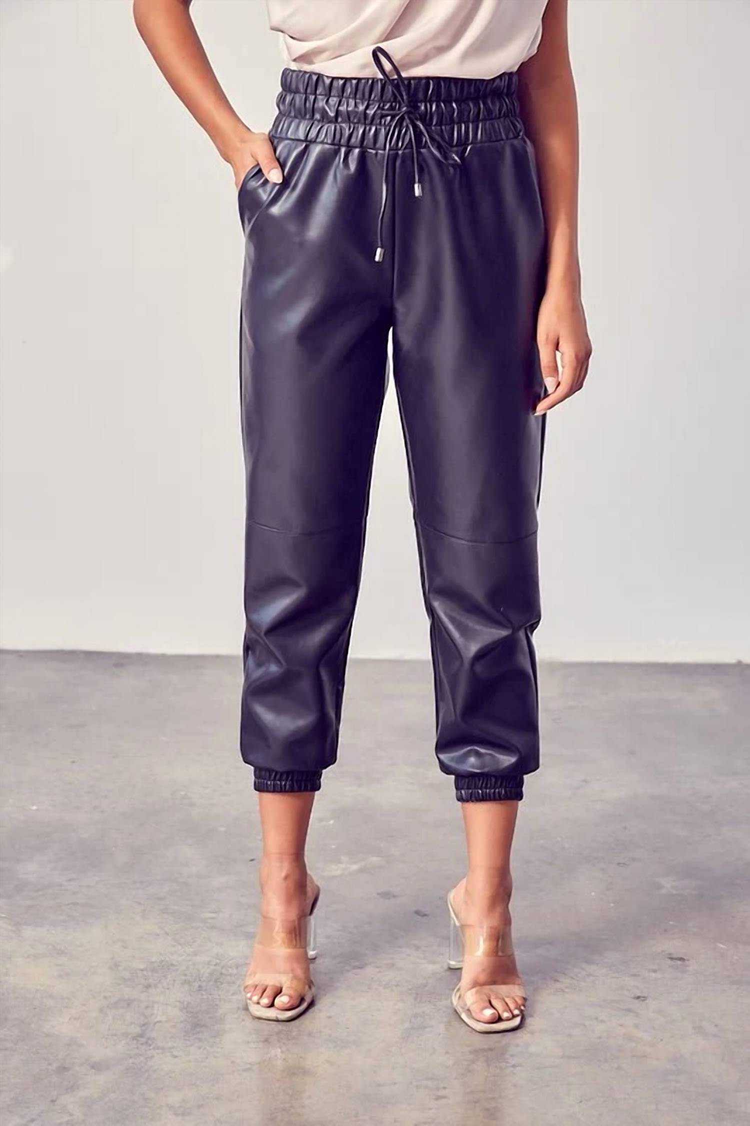 Dobe - Smocked Waist Pu Pants