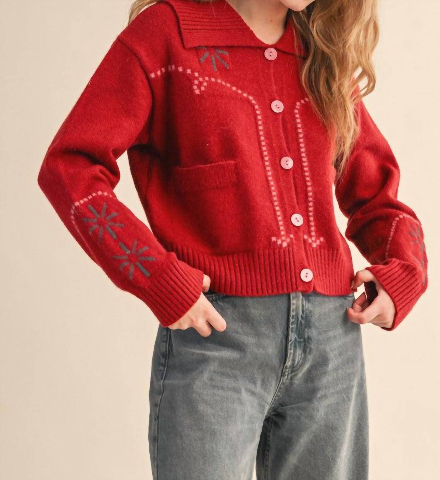 &merci Cozy Cherry Knit Sweater Cardigan in red - women's cardigan - detail view