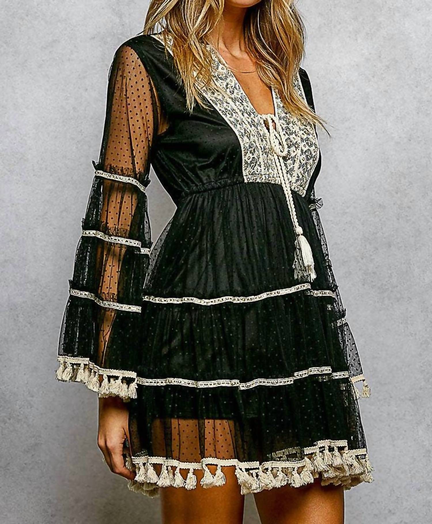 Pol - Split Embroidery Tassel Detail V-Neck Flared Short Dress