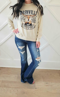 Petra153 Destroyed Mid Rise Stretch Flare Jeans in blue - women's jeans - detail view