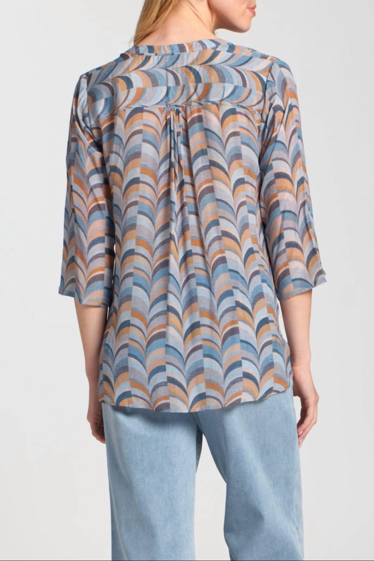 Apny - Print Tassel Split Neck Chiffon Top